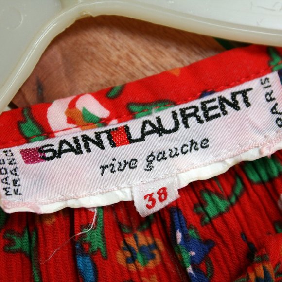 Yves St Laurent YSL Cotton Crepe (red) Calico Peasant Blouse - Picture 5 of 7